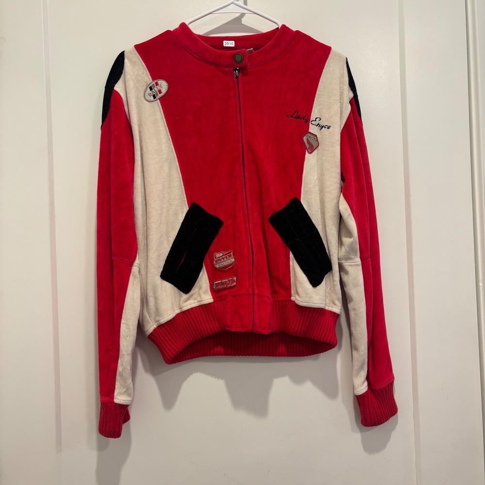 Lady Enyce Racing Velour Track Jacket Red White Black Colorblock XL Vintage Y2K